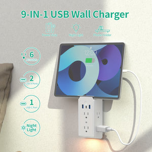 USB Wall Charger, Multi Plug Outlets Extender With Night Light, Wall Plug Expander Multi Plug Outlet Splitter With 3 USB Charging Ports, Wall Mount Adapter With Top Phone Holder For Home/ School/ Office