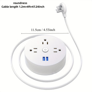 Flat Plug Power Strip, 4-foot Extension Cord, USB Charger (2 USB-A), 3-socket Compact Desktop Charging Station For Office, School, Dorm, Everyday Home, Etc.