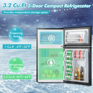 Costway 3.2 Cu.Ft Mini Refrigerator w/ Freezer Compact Fridge w/ 2 Reversible Door Black