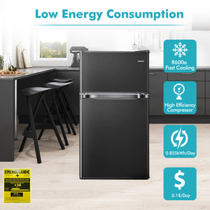 Costway 3.2 Cu.Ft Mini Refrigerator w/ Freezer Compact Fridge w/ 2 Reversible Door Black