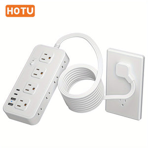 HOTU Wall Mount Power Strip with USB Ports -2 USB-A & 2 USB-C Ports, 110-130V, Surge Protector, Individual Switches, Flat Plug, Ideal for Cruise Ships, Homes, Offices, Bedrooms