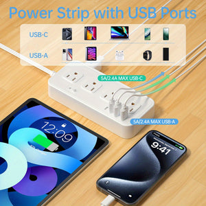 HOTU Wall Mount Power Strip with USB Ports -2 USB-A & 2 USB-C Ports, 110-130V, Surge Protector, Individual Switches, Flat Plug, Ideal for Cruise Ships, Homes, Offices, Bedrooms