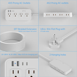 HOTU Wall Mount Power Strip with USB Ports -2 USB-A & 2 USB-C Ports, 110-130V, Surge Protector, Individual Switches, Flat Plug, Ideal for Cruise Ships, Homes, Offices, Bedrooms