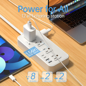 HOTU Wall Mount Power Strip with USB Ports -2 USB-A & 2 USB-C Ports, 110-130V, Surge Protector, Individual Switches, Flat Plug, Ideal for Cruise Ships, Homes, Offices, Bedrooms