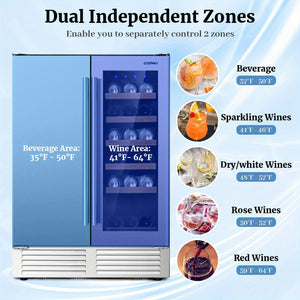 Multigot 2-in-1 Beverage and Wine Cooler Free-standing & Built-in Dual Zones Wine Fridge