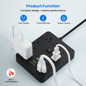 With Surge Protector, Fireproof Desktop Charging Station With 9 Sockets, 3-USB Ports, Flat Plug And Wall-mounted 5ft Extension Cord, Suitable For Home And Office Use, Black And White