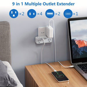 6 Outlets Wall Charger With 3 USB Ports And Hidden Plug 2 Prong To 3 Prong Outlet Adapter For America