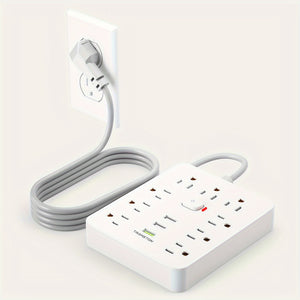 With Surge Protector, Fireproof Desktop Charging Station With 9 Sockets, 3-USB Ports, Flat Plug And Wall-mounted 5ft Extension Cord, Suitable For Home And Office Use, Black And White