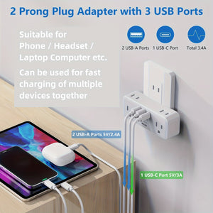 6 Outlets Wall Charger With 3 USB Ports And Hidden Plug 2 Prong To 3 Prong Outlet Adapter For America