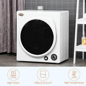 1350W 13lbs Electric Portable Compact Laundry Clothes Dryer, 2.4 Cu.ft Portable Tumble Dryer With Stainless Steel Drum, For Apartment, Home, White