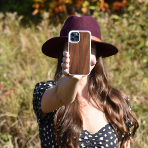 iPhone 13 Mini walnut wood case with TPU bumper and white PC - Stereotech