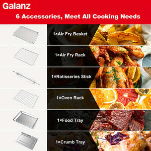 Galanz Air Fryer Toaster Oven Combo Digital Fry Rotisserie Combo 5-in-1 Convection Oven Countertop 6 Slice Toaster With Pizza Dehydrate Oil-Free 4 Accessories Included 1800W 26 Quart Large Stainless Steel 7.93gal 2 Knobs