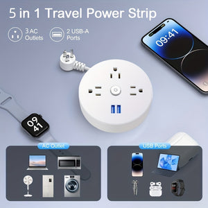 Flat Plug Power Strip, 4-foot Extension Cord, USB Charger (2 USB-A), 3-socket Compact Desktop Charging Station For Office, School, Dorm, Everyday Home, Etc.