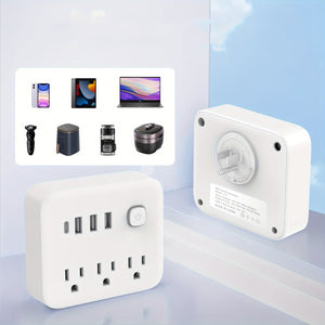 US Plug Conversion Socket With 3 AC Outlets, Surge Protection, 3 AC Outlets + 3 USB + 1 TYPE-C, With Individual Switches