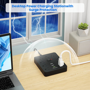 With Surge Protector, Fireproof Desktop Charging Station With 9 Sockets, 3-USB Ports, Flat Plug And Wall-mounted 5ft Extension Cord, Suitable For Home And Office Use, Black And White