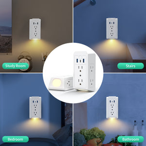 USB Wall Charger, Multi Plug Outlets Extender With Night Light, Wall Plug Expander Multi Plug Outlet Splitter With 3 USB Charging Ports, Wall Mount Adapter With Top Phone Holder For Home/ School/ Office