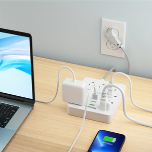 With Surge Protector, Fireproof Desktop Charging Station With 9 Sockets, 3-USB Ports, Flat Plug And Wall-mounted 5ft Extension Cord, Suitable For Home And Office Use, Black And White