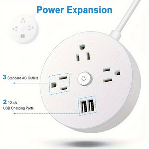 Flat Plug Power Strip, 4-foot Extension Cord, USB Charger (2 USB-A), 3-socket Compact Desktop Charging Station For Office, School, Dorm, Everyday Home, Etc.