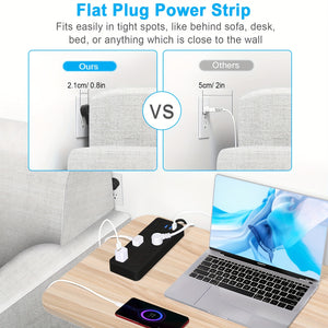 Surge Protector Power Strip with USB Ports, Multi-Outlet Desktop Charging Station, Flat Plug, Wall Mountable, Night Light Socket - Ideal for Home & Office Use