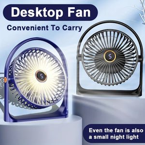 Portable LED Desk Fan with Night Light, 5-Speed Mini USB Table Fan, 360° Adjustable Tower Fan, LED Display, USB Charging, 1200mAh Rechargeable Lithium Battery for Home, Desktop & Office Use