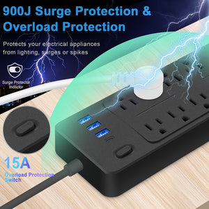 Surge Protector Power Strip with USB Ports, Multi-Outlet Desktop Charging Station, Flat Plug, Wall Mountable, Night Light Socket - Ideal for Home & Office Use