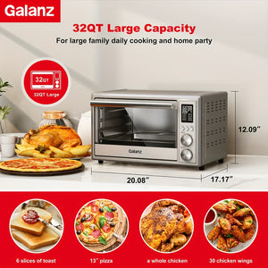 Galanz Air Fryer Toaster Oven Combo Digital Fry Rotisserie Combo 5-in-1 Convection Oven Countertop 6 Slice Toaster With Pizza Dehydrate Oil-Free 4 Accessories Included 1800W 26 Quart Large Stainless Steel 7.93gal 2 Knobs