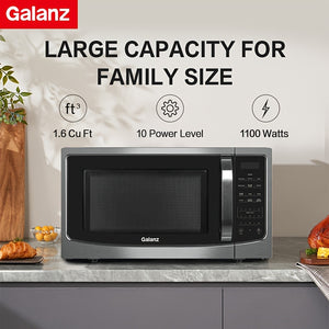 Galanz Countertop Microwave Oven 1.6 Cu Ft With Removable Turntable 1100W 6 Auto Menus Stainless Steel