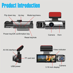 1080P Dual Camera Dash Cam For Cars With IR Night Vision, Loop Recording, And Wide Angle Lens - 3.16 Inch IPS Screen