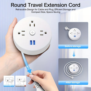 Flat Plug Power Strip, 4-foot Extension Cord, USB Charger (2 USB-A), 3-socket Compact Desktop Charging Station For Office, School, Dorm, Everyday Home, Etc.