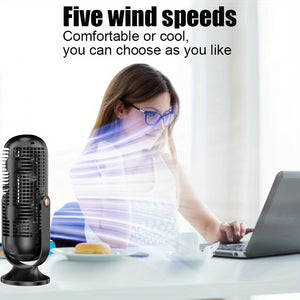 USB Rechargeable Tower Fan - Summer Air Circulation Desk Fan for Home Office with Strong Wind Cooling, LED Display, Five Speed Regulation, Long Life and Portable Design Suitable for Fishing, Camping, Travel, Bedroom, and Offi