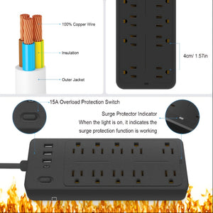 US Standard Plug-in 10AC Hole With Individual Switch, 3.94ft (About 1.2m) Extension Cord For Home, Garden, Yard, Kitchen