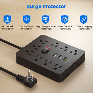 With Surge Protector, Fireproof Desktop Charging Station With 9 Sockets, 3-USB Ports, Flat Plug And Wall-mounted 5ft Extension Cord, Suitable For Home And Office Use, Black And White