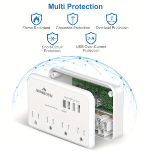 1080J Surge Protector Multi-Plug Outlet Extender – NEWBOSLI 3-Prong Wall Adapter With 4 AC Outlets & 4 USB Ports (1 USB-C), Power Strip With Phone Holder, Ideal For Offices, Hotels, Bathrooms, And Living Rooms