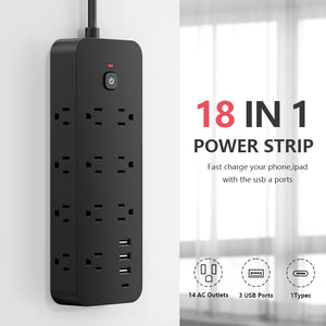 18-in-1 US Power Strip, Power Strip Surge Protector 13 AC Outlets 3 USB 1 Type-C Desktop Charging Station With Overload Protecti