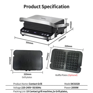 BioloMix 2000W Electric Contact Grill Digital Griddle and Panini Press, Optional Waffle Maker Plates, Opens 180 Degree Barbecue - Stereotech