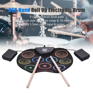 9 Drum Pads Electronic Drum Set with Drum Sticks/Pedals USB Roll Up Drum Set Headphone Jack Great Holiday/Birthday Gift for Kids