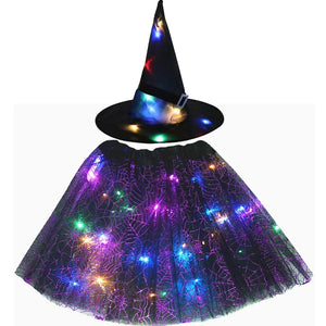 Women Girl Kids Glow Wizard Witch Hat Spider Web Cobweb Skirt Tutu Costume Party Led Clothes Birthday Gift Candy Bag Halloween