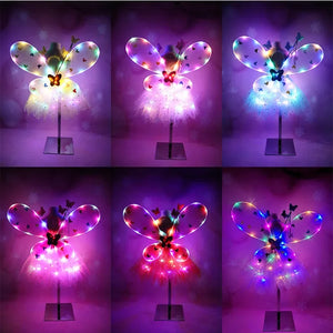 Women Girls Cute Role Playing Flashing Wing Tutu Skirt LED Glow Headband Fairy Stick Christmas Halloween Cosplay Costume