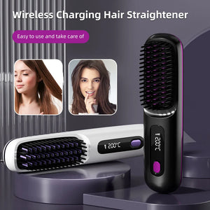 Hair Straightener Brush USB Rechargeable Cordless Negative Ions Hot Brush Electric Fluffy Curly Hair Styling Detangling Comb