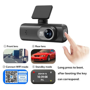 UHD 4K Dash Cam Dual Lens Driving Recorder Car DVR 1080P Rear Lens Camera Built-In WiFi GPSMonitoring 24-Hour Parking Black Box