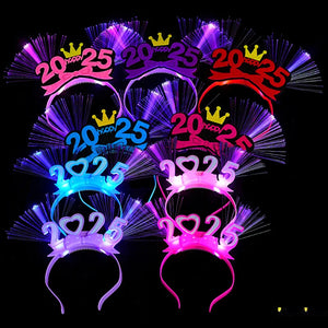 2025 Happy New Year LED Glow Headband Kids Adults Optic Fiber Light Up Hair Bands Glow Sticks Rave Nightclub Party Cheer Props