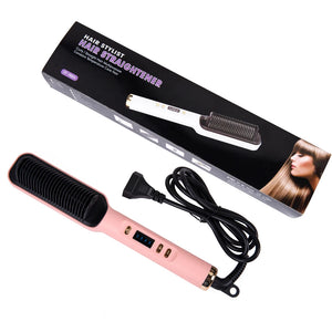 Multifunctional White Pink Ionic Hair Straightener Brush Fast Heating Curler Straightener Comb Styler Electric Fast Heating Comb