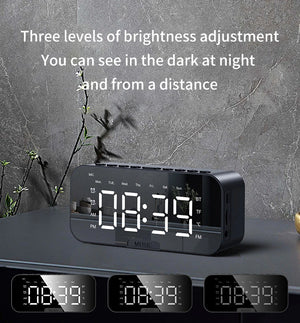 Led Digital Alarm Clock With Large Mirror Screen Office Bedside Table Clocks Bluetooth Speaker FM Radio Phone Holder Temperature