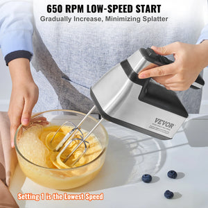 VEVOR Cordless Electric Hand Mixer 100W Continuously Variable Electric Handheld Mixer with Turbo Boost Beaters Dough Storage Bag - Stereotech