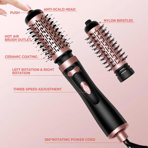 Hair Dryer Brush 3-in-1 Rotating Round Hot Air Spin Brush Set 2 Detachable Auto Rotating Curling Brush Hot Air Styler