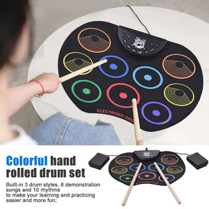 9 Drum Pads Electronic Drum Set with Drum Sticks/Pedals USB Roll Up Drum Set Headphone Jack Great Holiday/Birthday Gift for Kids