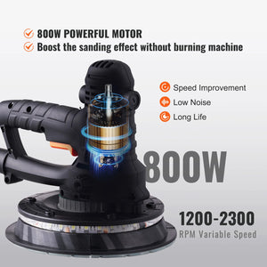 VEVOR Drywall Sander, Variable Speed 1200-2300 RPM Wall Sander with Automatic Vacuum Dust Collection System, Double LED Lights