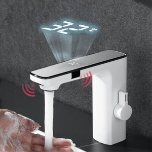 White intelligent brass bathroom faucet induction design LED light temperature display 1 hole single handle cold & hot basin Tap