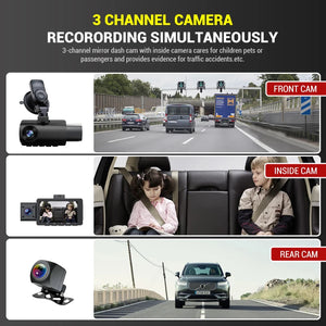 3 Channel Dash Cam Front Inside Rear Three Way Car Dash Camera, 2K+1080P Dual Channel With GPS WiFi IR Night Vision Camcorder