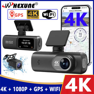 UHD 4K Dash Cam Dual Lens Driving Recorder Car DVR 1080P Rear Lens Camera Built-In WiFi GPS 24-Hour Parking Monitoring Black Box